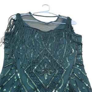 Babeyond Flapper Dress Women M Emerald Green Sequin Fringe Sleeveless Midi 20s
